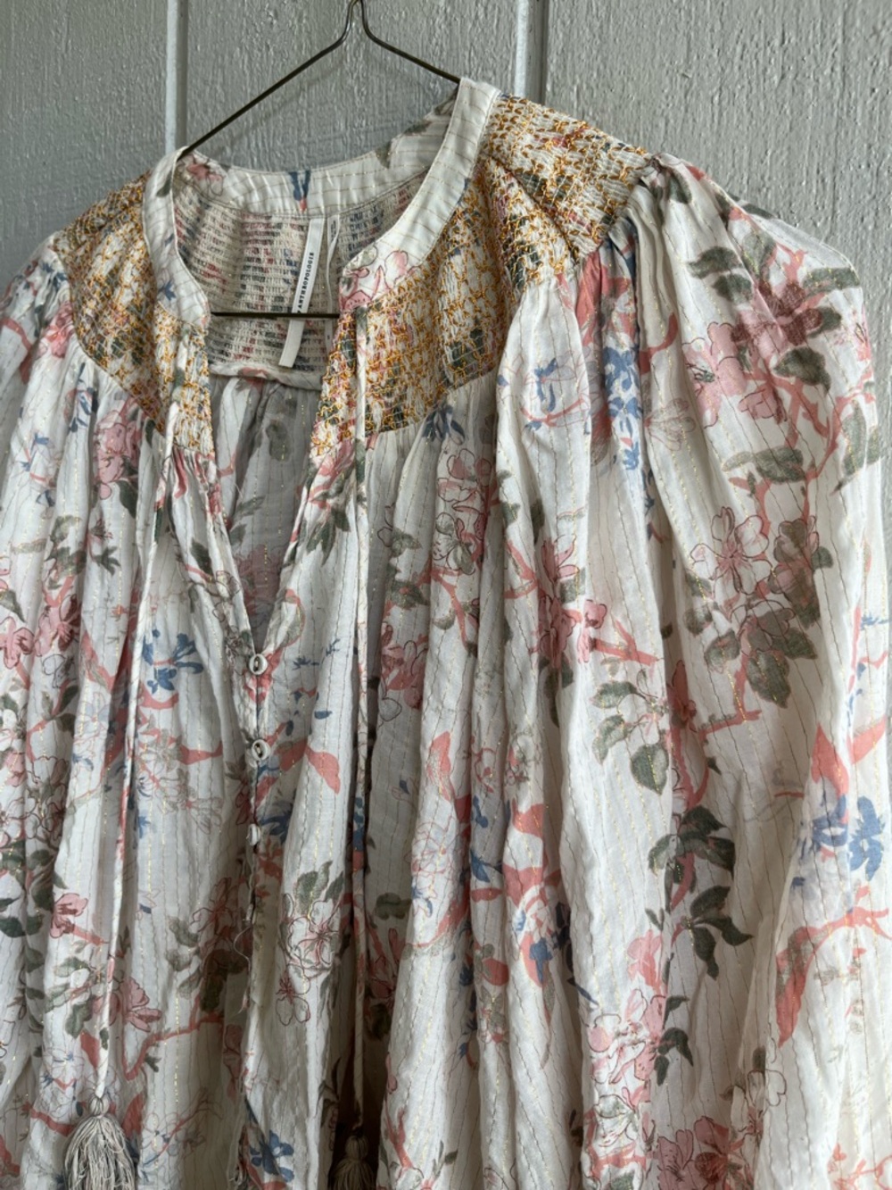 Anthropologie Viscose Long Sleeve Smocked Lurex Top Floral Print Tassels Size M - Picture 3 of 10